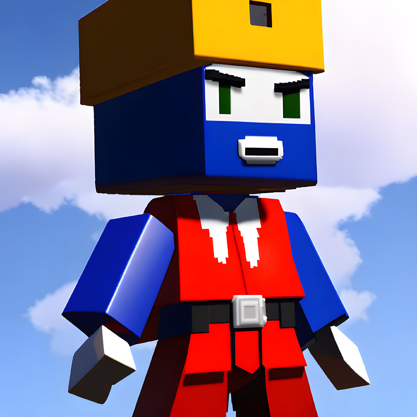 Blocky Stylized Character in Blue Cap and Red Jacket on Cloudy Sky
