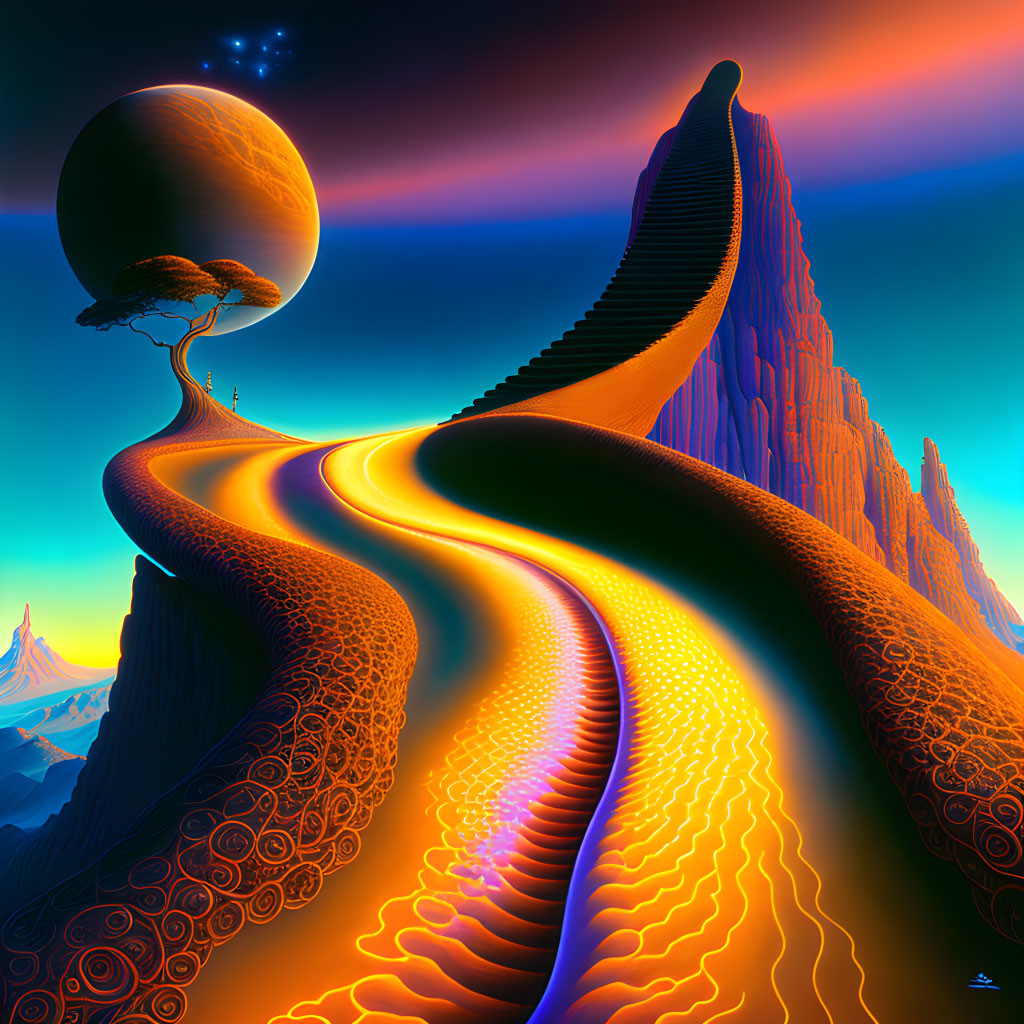 Surreal landscape with orange paths, towering rocks, lone tree, and large moon