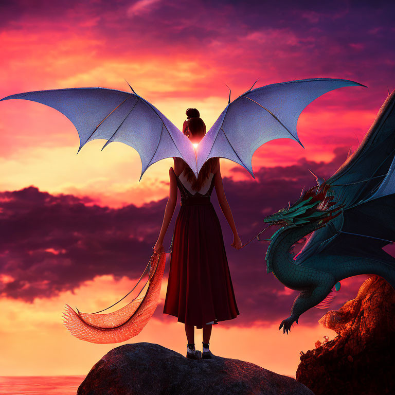 Person with dragon wings facing green dragon in dramatic sunset scene