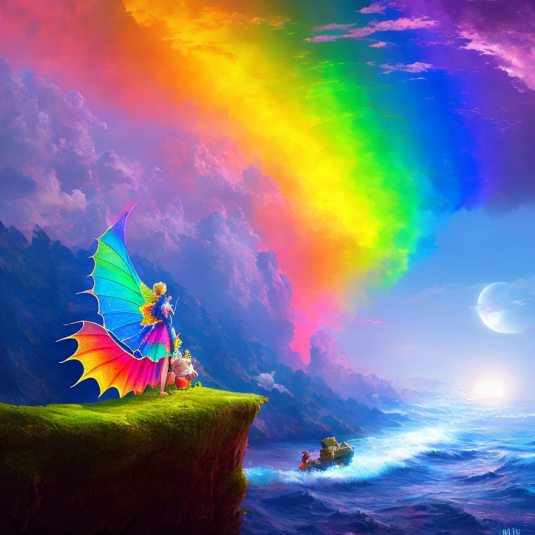 Colorful rainbow, butterfly-winged figure, sea cliff, moonlit boat: fantasy landscape scene.
