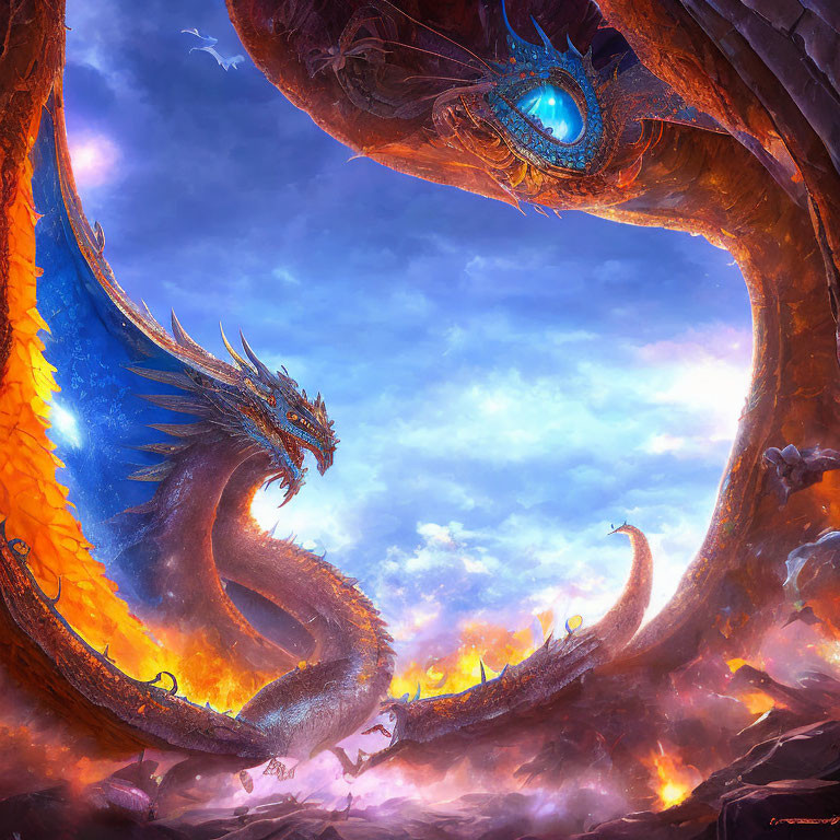 Blue-eyed dragon with fiery orange scales against dramatic sky.