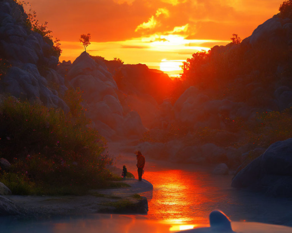 Tranquil sunset scene with orange skies, river reflection, silhouetted rocks, vegetation,
