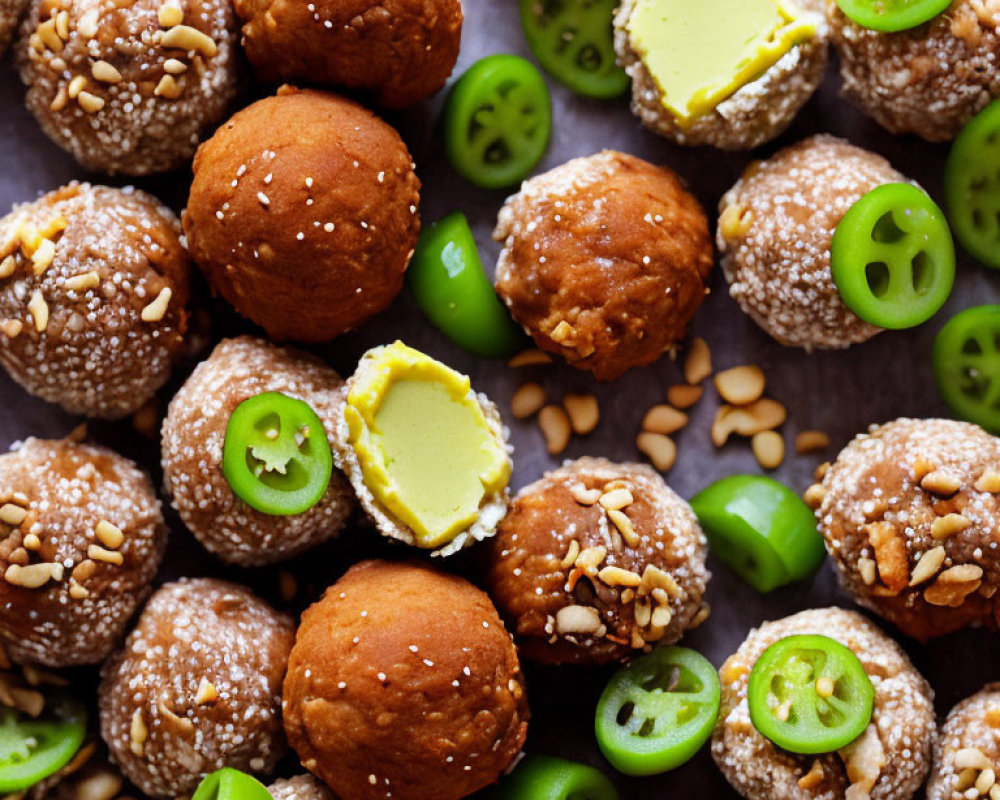 Sesame Falafel Balls with Jalapeños and Creamy Dip on Rustic Background