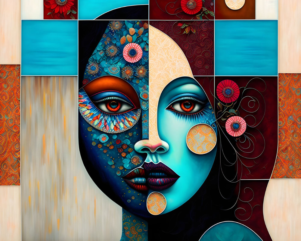 Colorful Mosaic Artwork of Split Female Face with Day and Night Themes