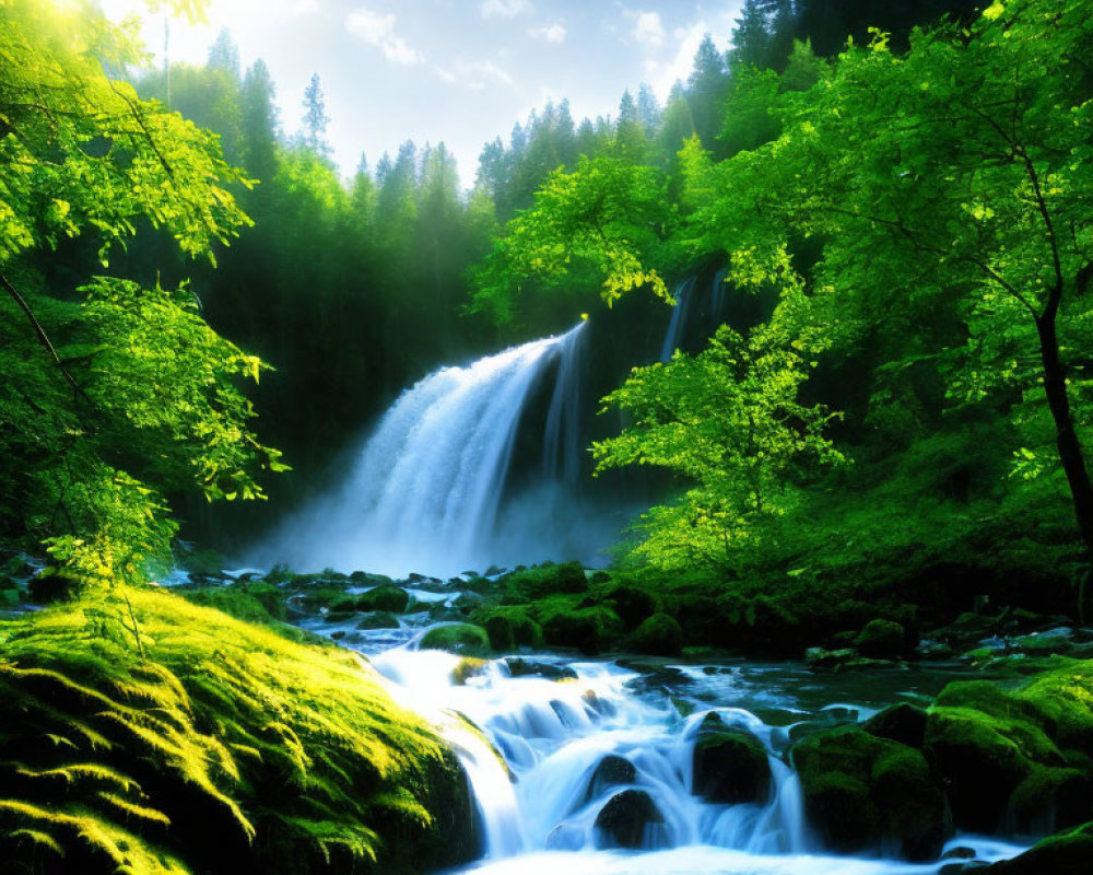 Tranquil waterfall in lush green setting