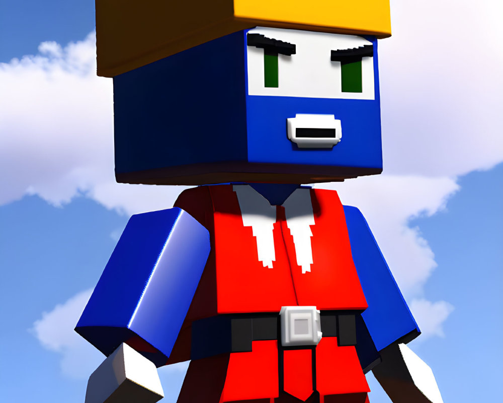 Blocky Stylized Character in Blue Cap and Red Jacket on Cloudy Sky