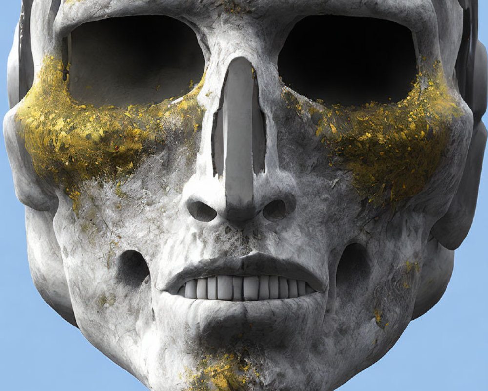 Stone skull with textured details and moss against blue sky.