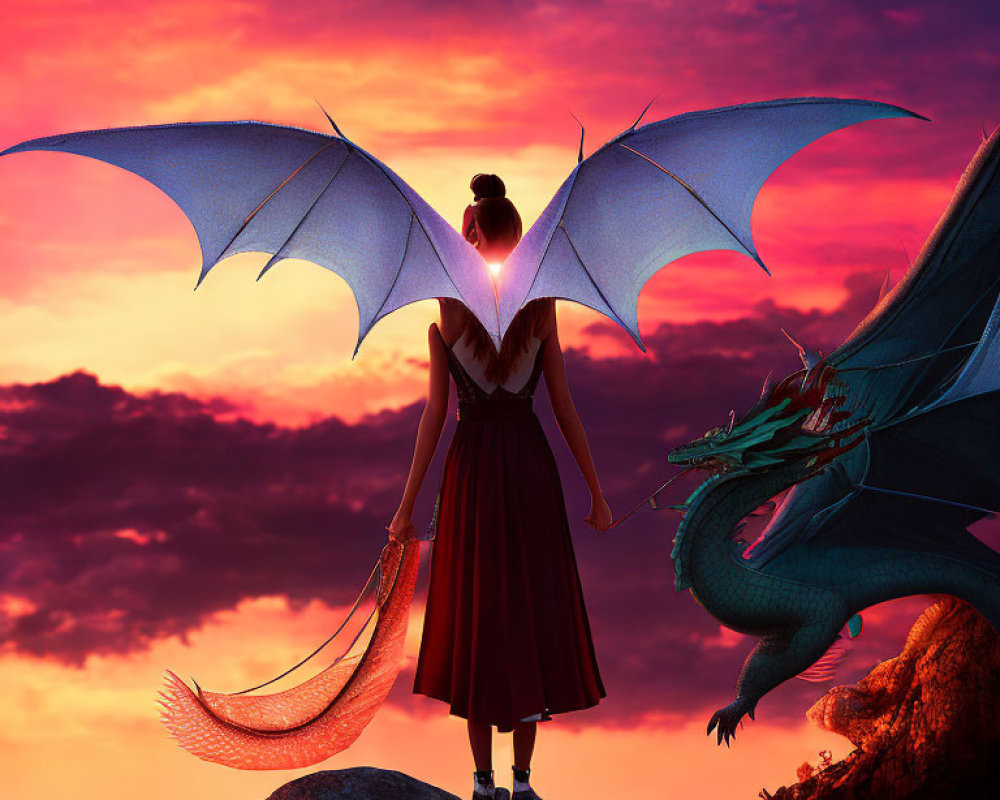 Person with dragon wings facing green dragon in dramatic sunset scene