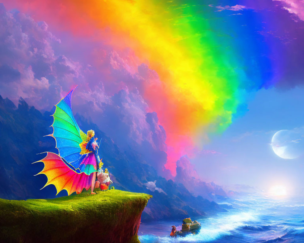 Colorful rainbow, butterfly-winged figure, sea cliff, moonlit boat: fantasy landscape scene.