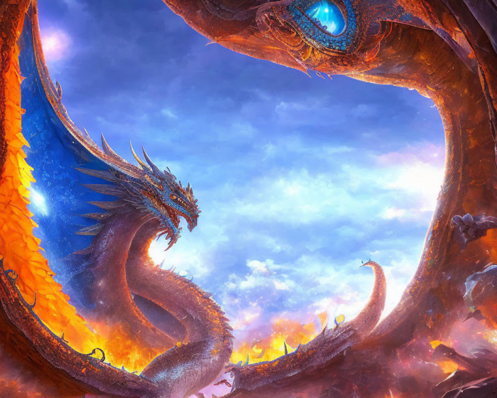 Blue-eyed dragon with fiery orange scales against dramatic sky.