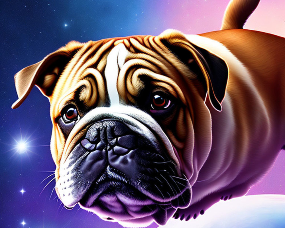 Colorful Bulldog Head Illustration in Space with Nebula and Earth Background