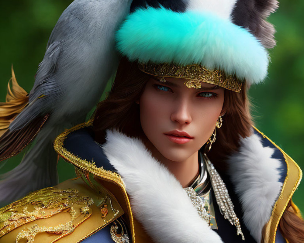 CG portrait of woman with green eyes, fur-trimmed hat, parrot, and golden garments