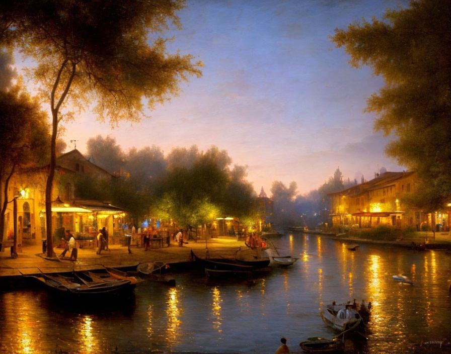 Tranquil twilight river scene with boats, streetlamp reflections, and people.