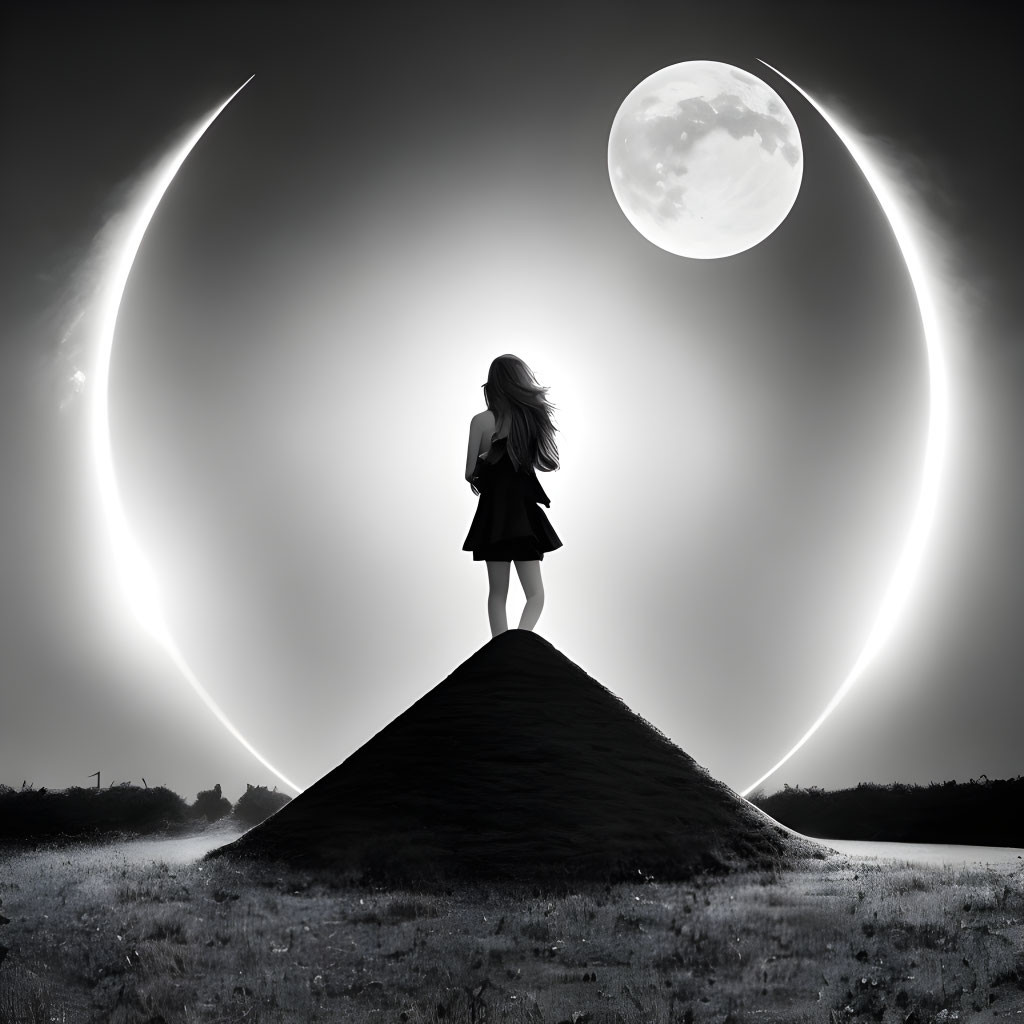 Silhouette of woman under surreal sky with dual moons on hill.