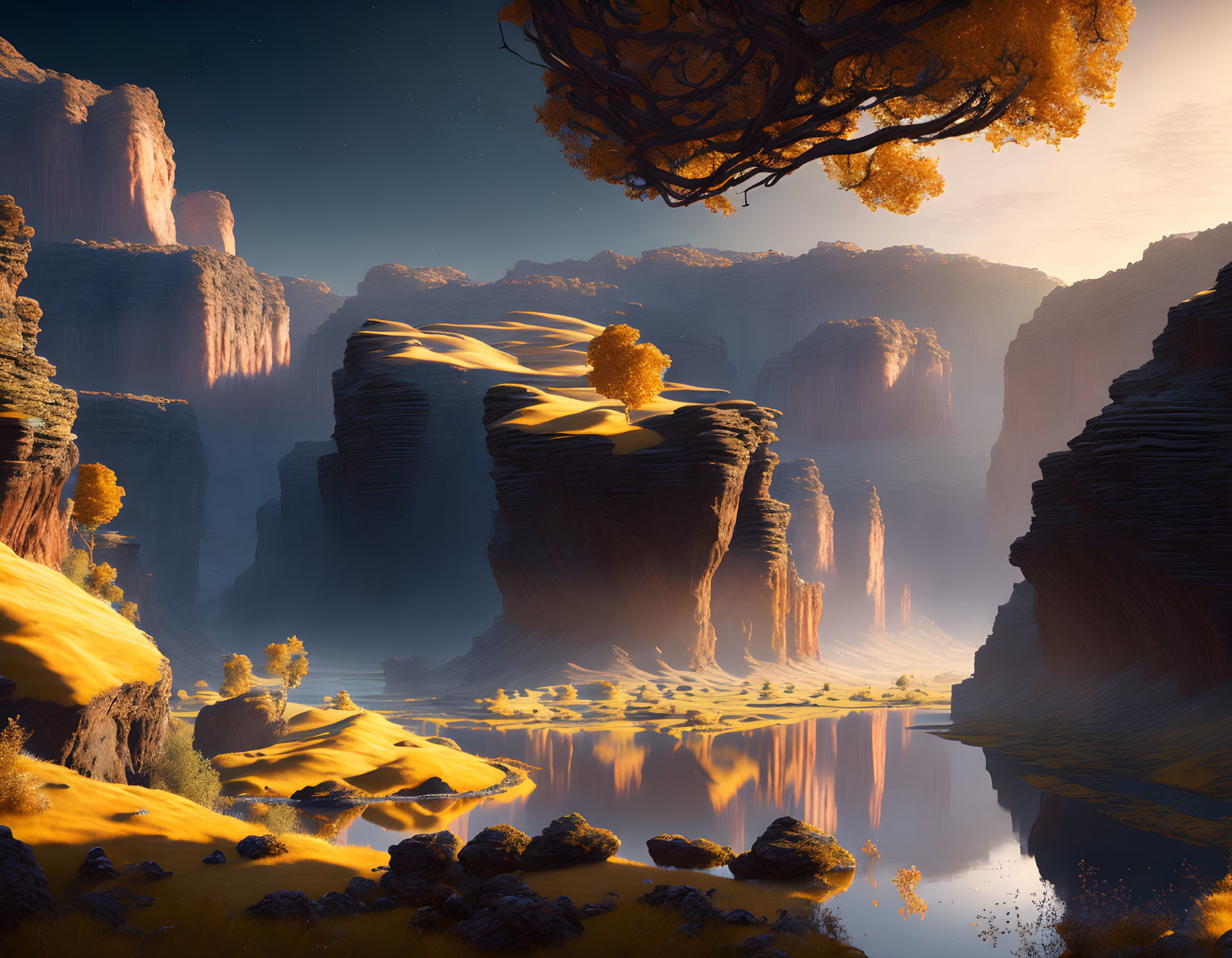 Tranquil digital landscape with cliffs, reflective water, trees, golden foliage, warm light