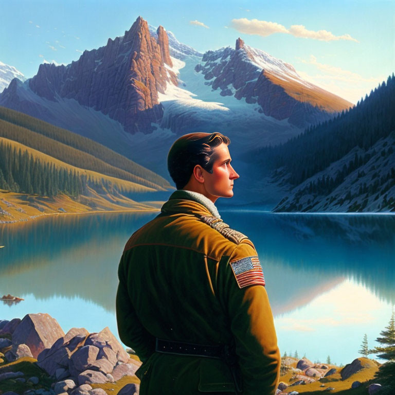 Man in Green Jacket Contemplating Tranquil Lake & Mountains