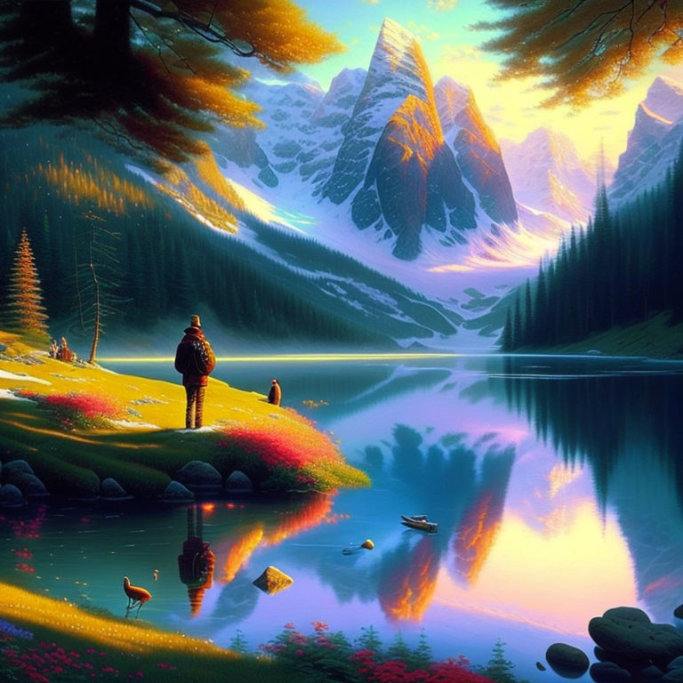 Tranquil mountain lake scene at sunrise or sunset with vibrant colors, lush forest, and wildlife