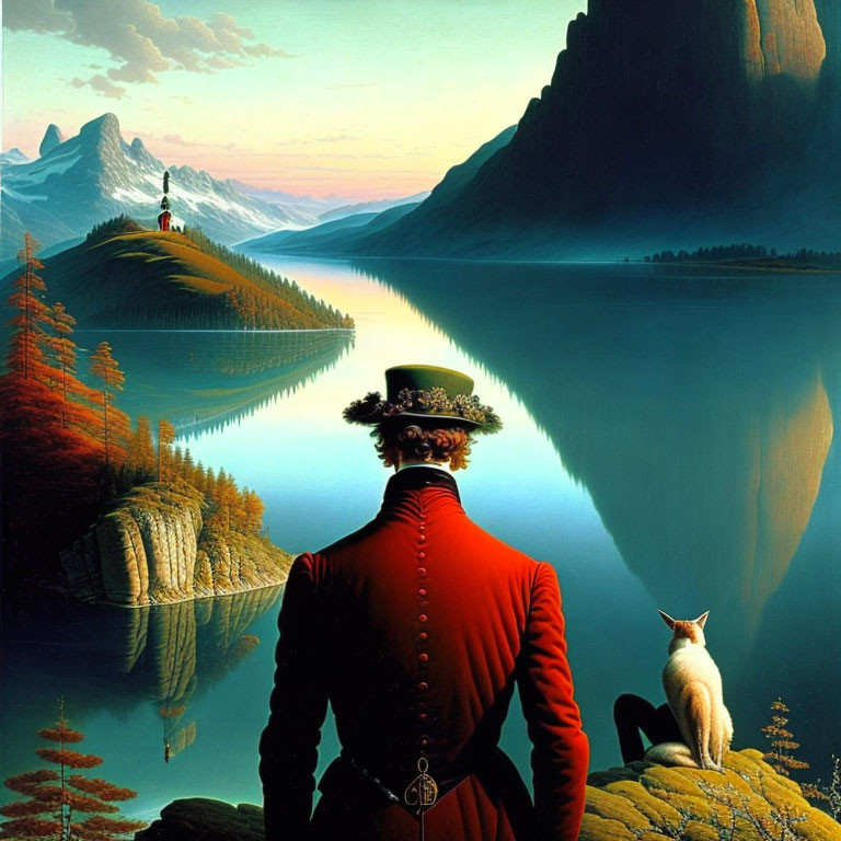 Person in Red Coat with White Cat by Mountain Lake at Sunset