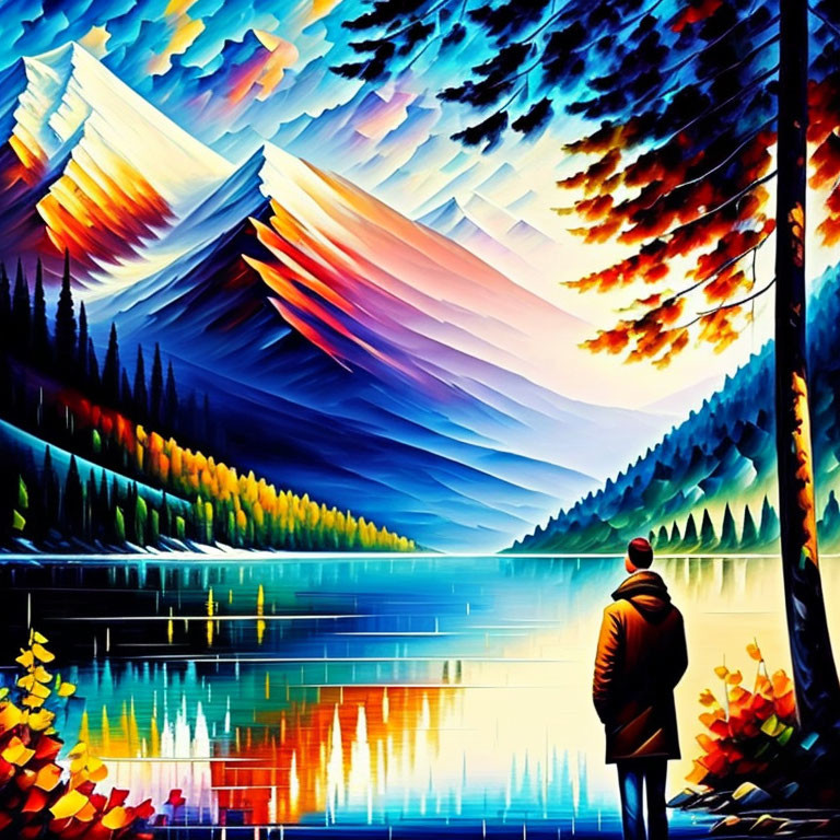 Person in jacket by vibrant lake with colorful trees and mountains under stylized sky