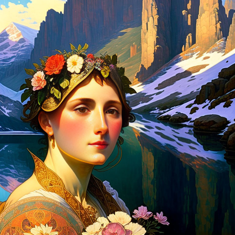 Woman wearing floral crown and patterned dress in mountainous landscape with river and cliffs.