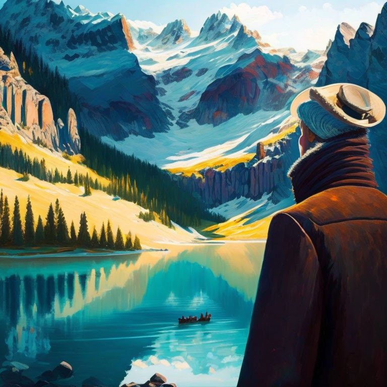 Person in hat and coat by tranquil mountain lake with canoe and snow-capped peaks
