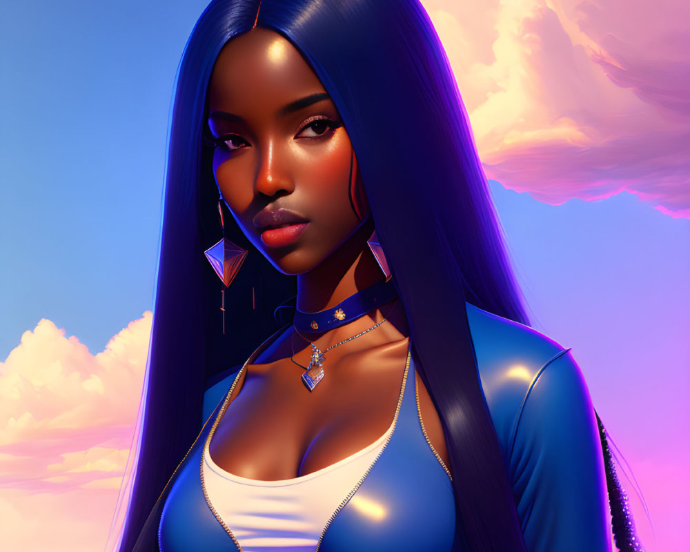 Digital Artwork: Woman with Long Black Hair in Blue Attire at Sunset