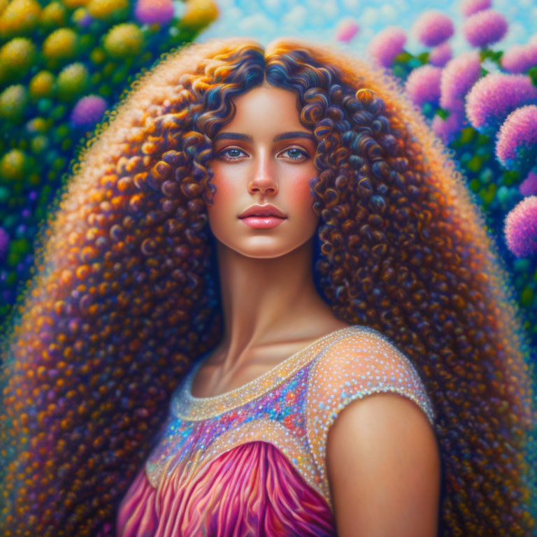 Woman with Curly Hair in Colorful Outfit Surrounded by Vibrant Flowers
