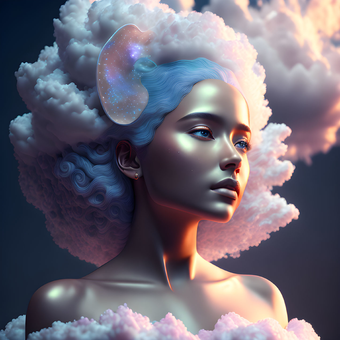 Blue-skinned woman with cosmic ear detail in pink clouds on dark background
