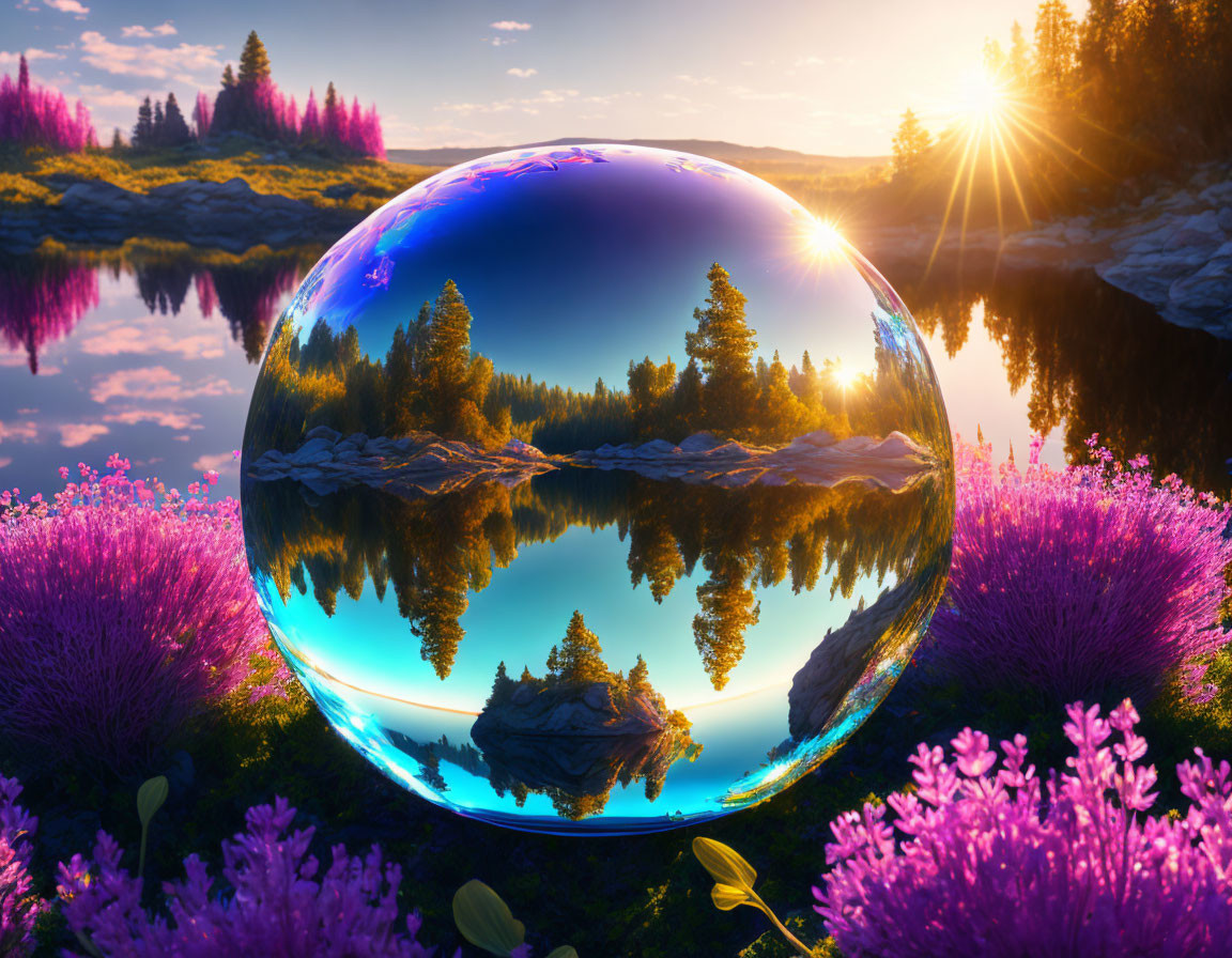 Scenic landscape with crystal ball, lake, flowers, and sunset sky