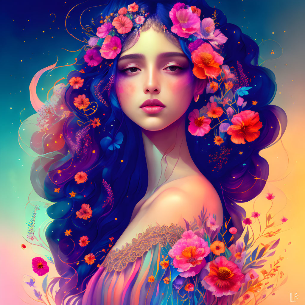 Colorful portrait of woman with floral hair in celestial setting