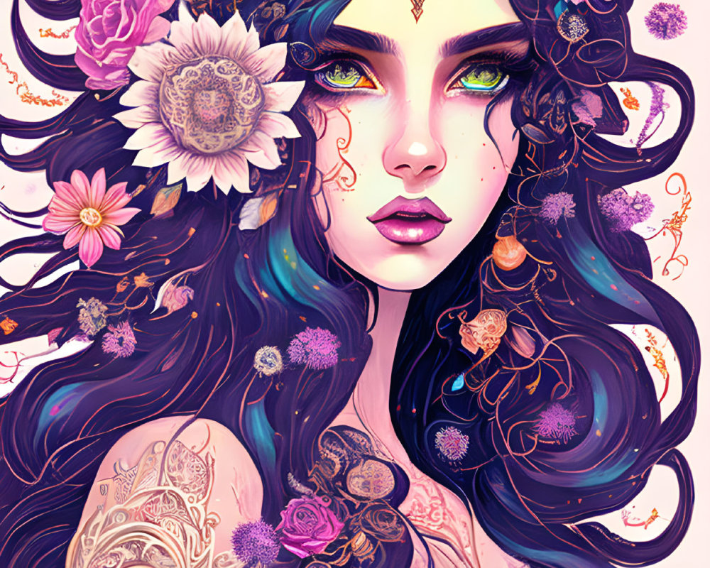 Illustrated woman with green eyes, gold and floral hair decorations, emitting a mystical vibe
