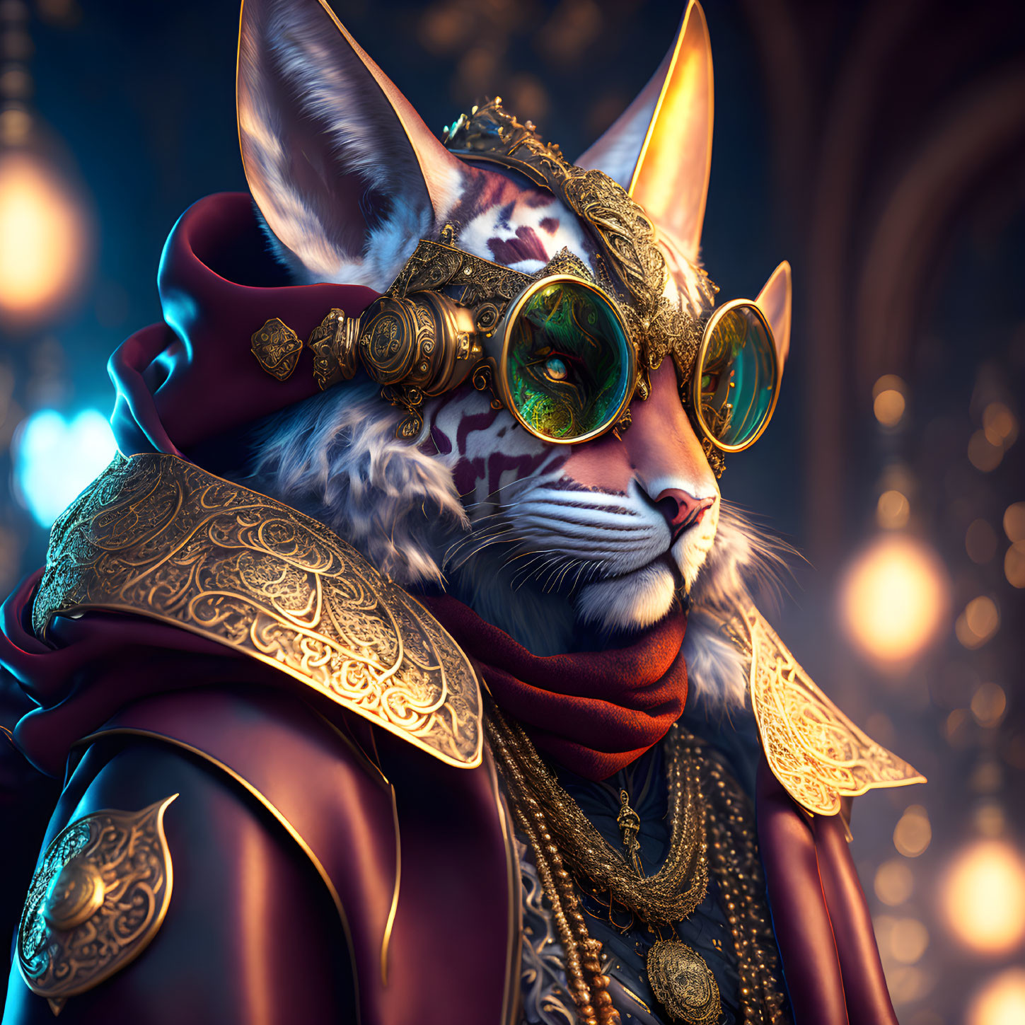 Regal anthropomorphic feline character in ornate golden goggles and attire against warm-toned backdrop