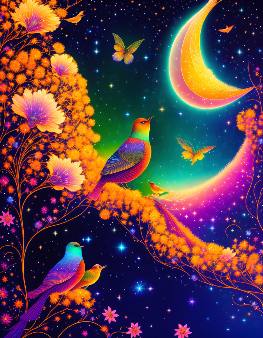 Colorful Birds on Golden Floral Branches in Fantasy Illustration