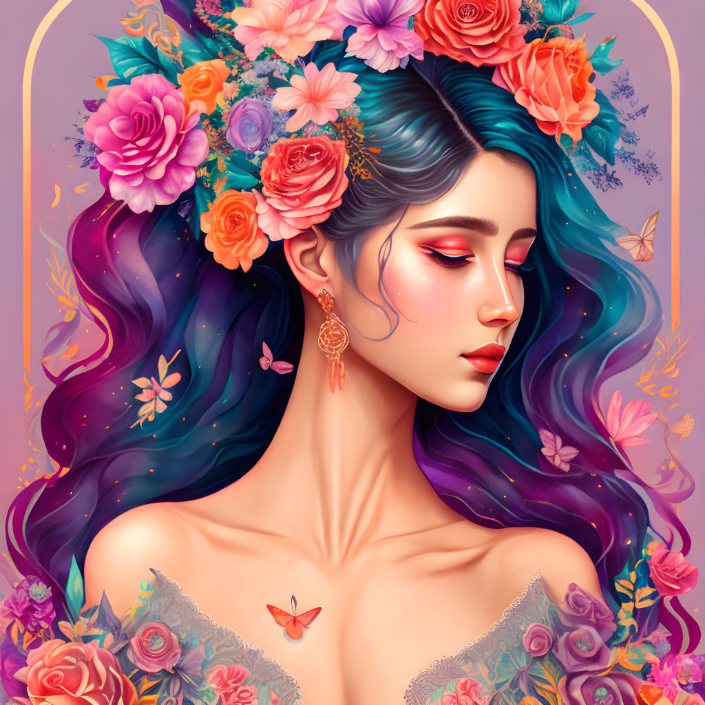 Illustrated woman with blue hair and floral adornments on a floral background