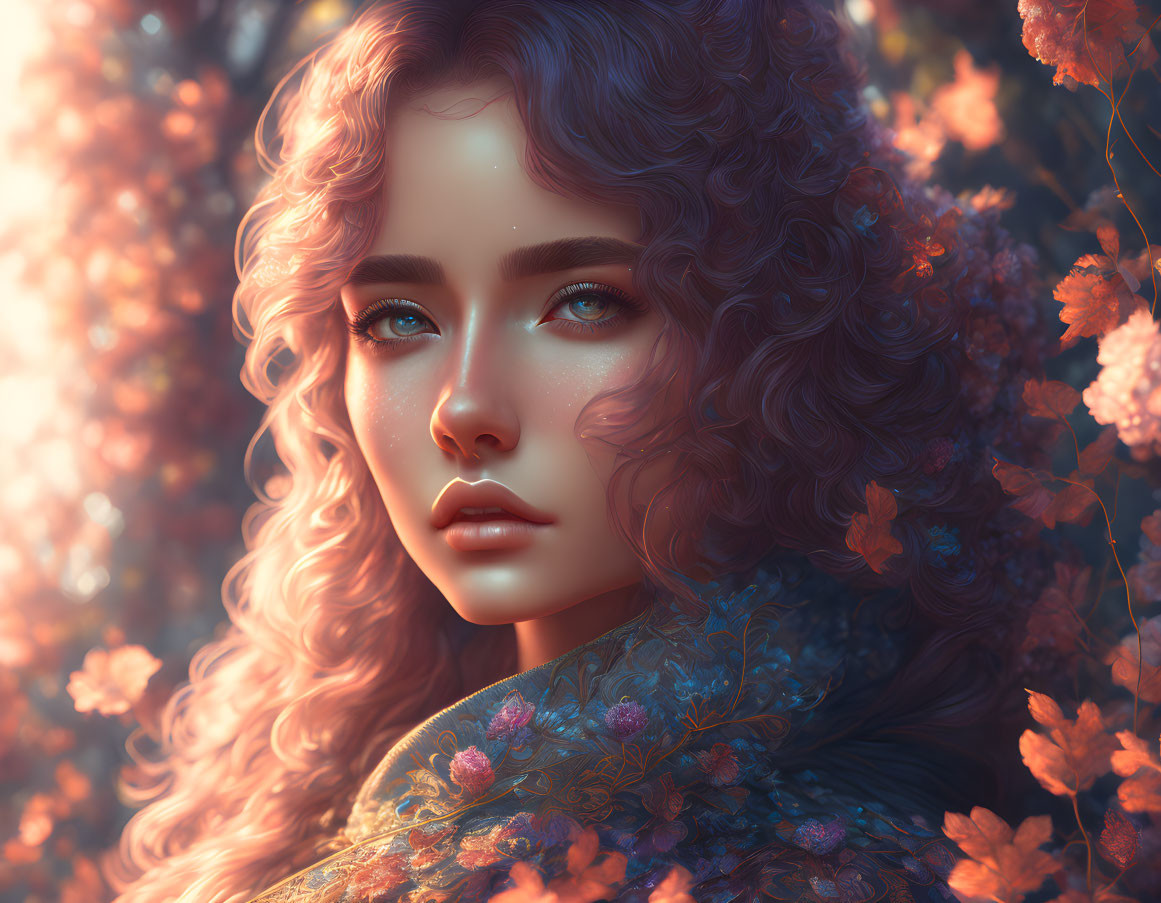 Digital artwork: Woman with curly hair and blue eyes in autumn leaves ambiance