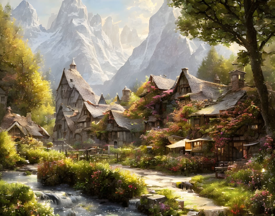 Scenic village with thatched-roof cottages, stream, and misty mountains