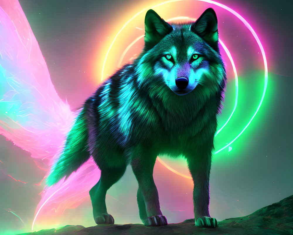Colorful Wolf Artwork with Glowing Eyes and Neon Cosmic Background