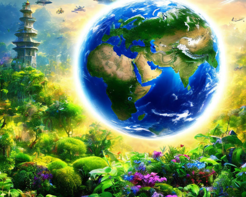 Fantastical representation of Earth above lush, green landscape