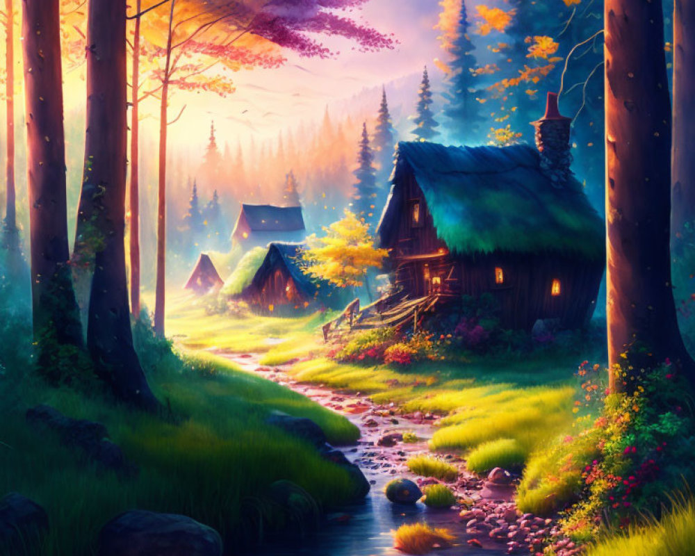 Tranquil fantasy forest scene with stream, cabin, and autumn trees