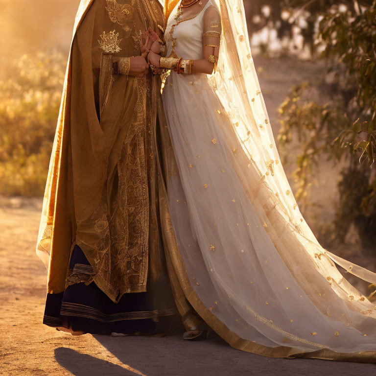 Traditional Indian attire couple holding hands at sunset