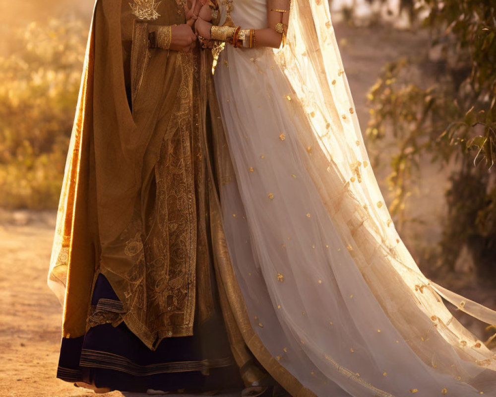 Traditional Indian attire couple holding hands at sunset