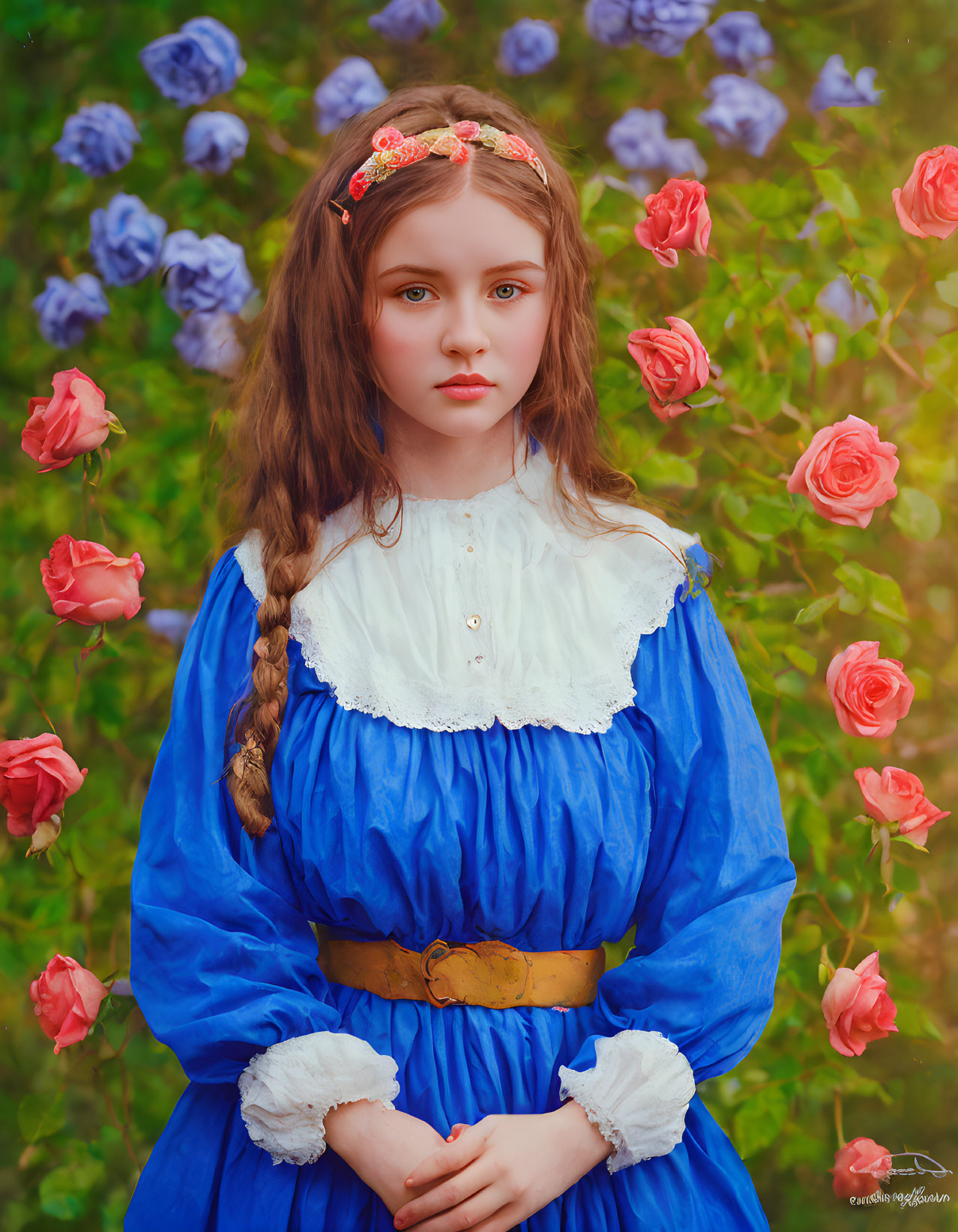 Young girl with braided hairstyle in vintage blue dress among colorful flowers