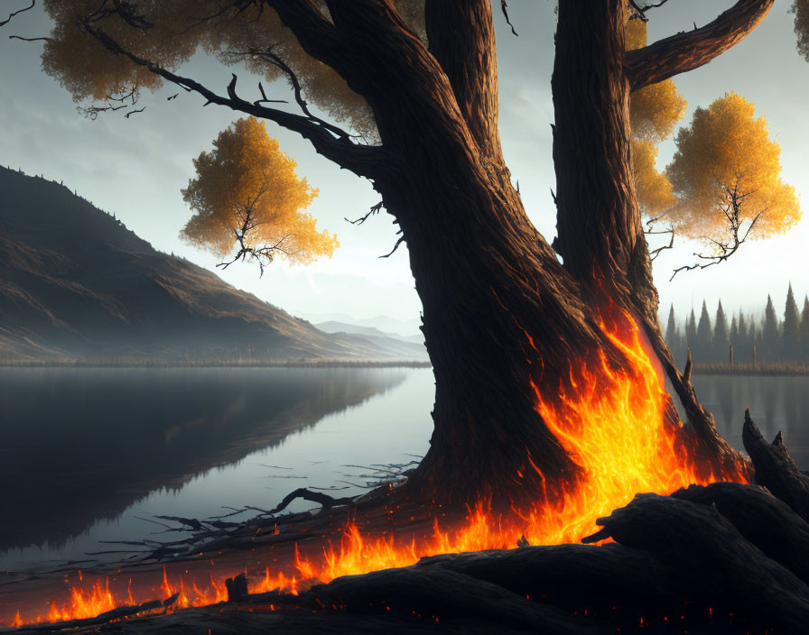 Majestic tree with fiery base beside serene lake and mountains at sunset or sunrise