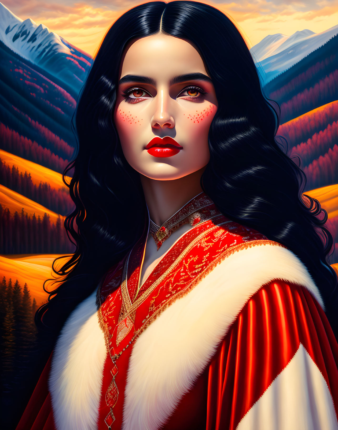 Woman in traditional attire with black hair and red lipstick against autumn mountain backdrop