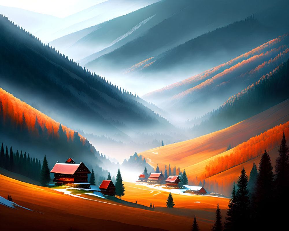 Rolling Hills Landscape with Misty Valley and Cabins