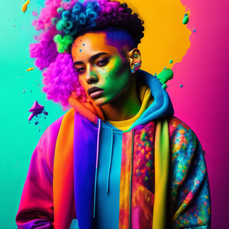Vibrant Purple Hair and Colorful Makeup Against Multicolored Background