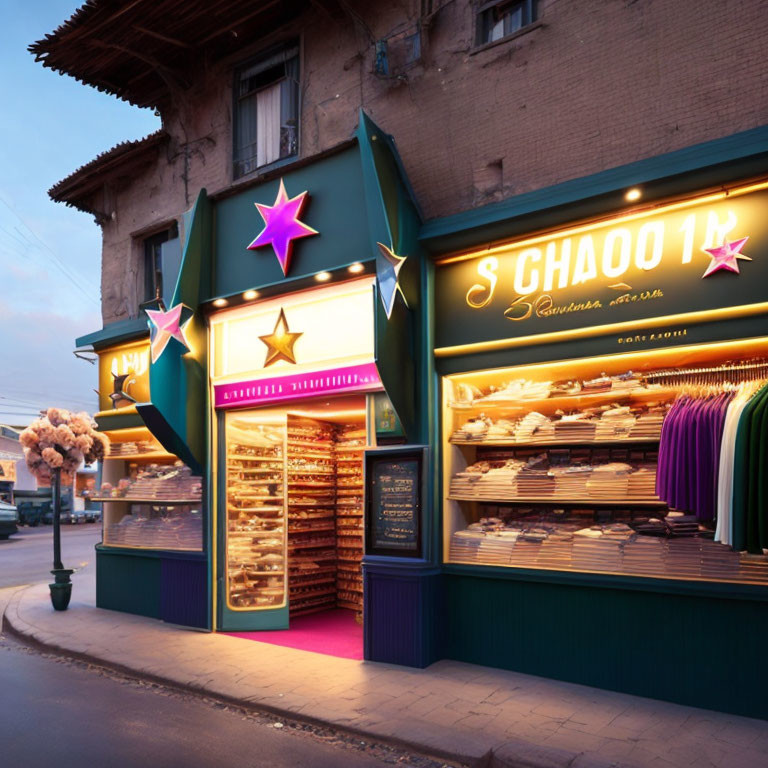 Colorful bakery storefront with neon lights and star shapes at twilight.