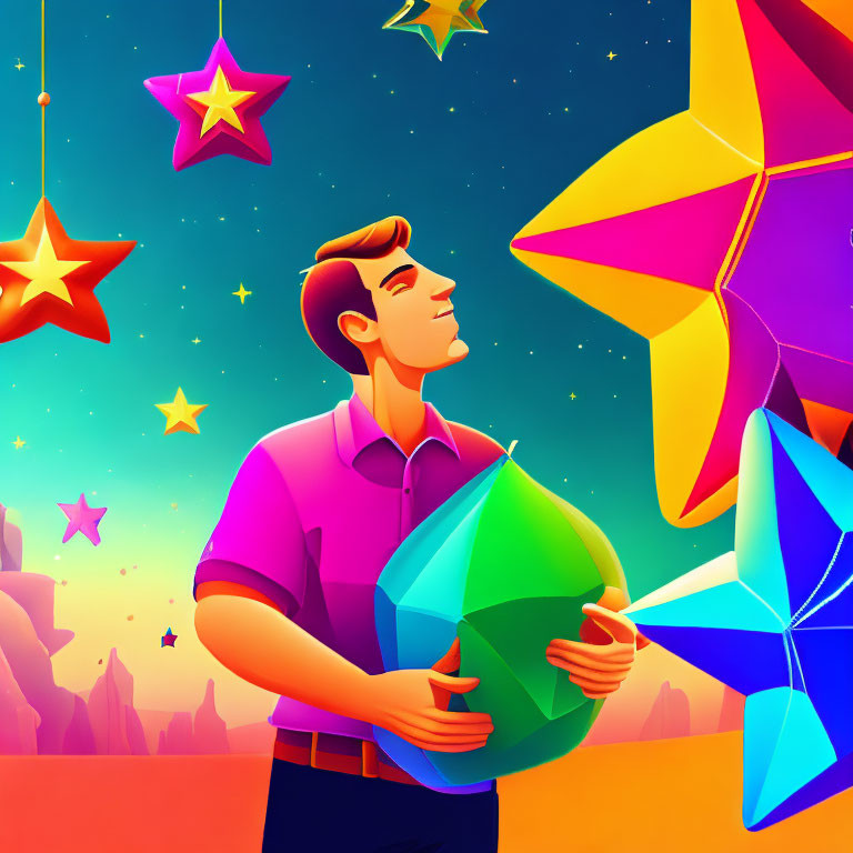Man holding geometric shape under bright stars and orange sky