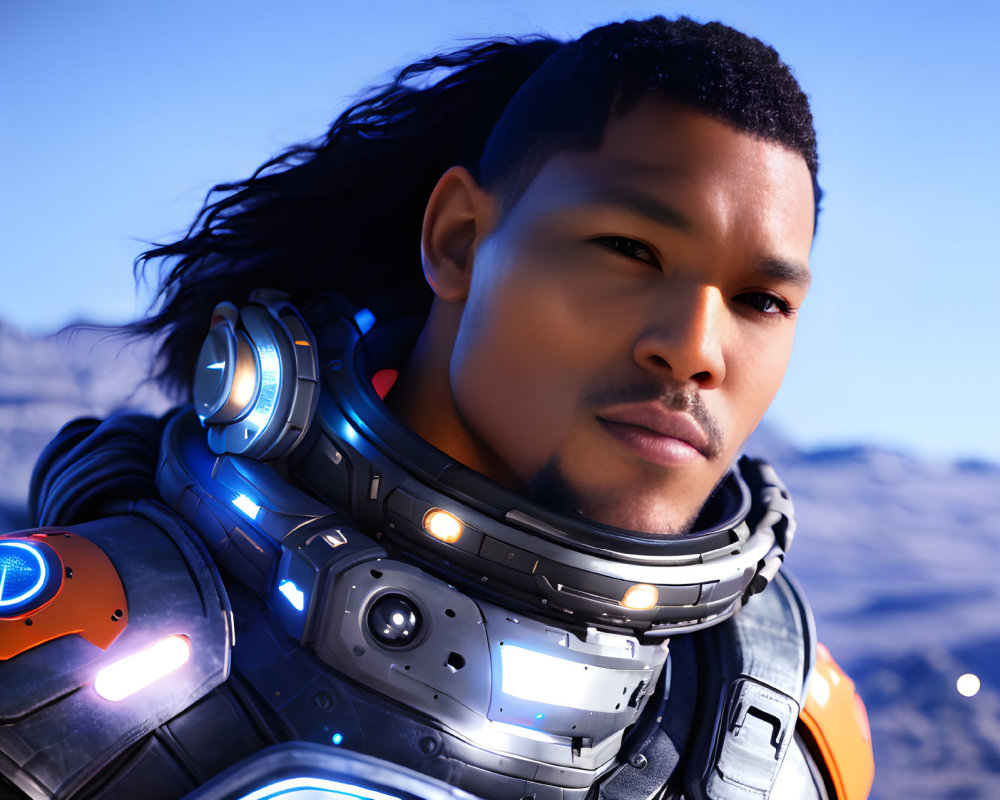 Close-up 3D-rendered male character in futuristic armor on desert backdrop