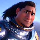Close-up 3D-rendered male character in futuristic armor on desert backdrop